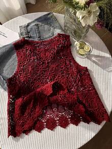 SHEIN EZwear 大尺碼女款春夏鏤空針織背心 - 酒紅色 - 查看 5