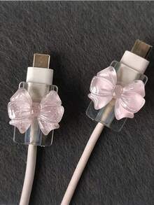 2PCS Plastic Shock-Resistant Data Cable Protector, Pink Bow Pattern, Cute Fashionable Charging Sleeve, Suitable For Daily Use, Travel, And Gift Giving. - multicolor - View 3