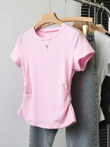 青少年女孩 T-Shirt，簡約修身圓領短袖 T-Shirt，1 件隨機短袖 T-Shirt，適合夏季，個性化 T-Shirt，適合春夏，休閒舒適，家庭出遊季節，家庭出遊，優雅穿著，舒適易穿 - 彩色 - 查看 3