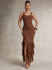 Silquee Women's Solid Color Tassel Design Casual Daily Knit Dress - Camel - View 5