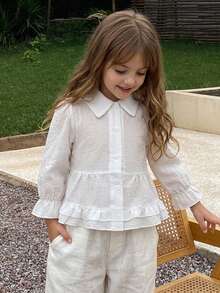 Dazy Kids Young Girl French Style Versatile Single-Breasted Ruffle Hem Blouse - White - View 7