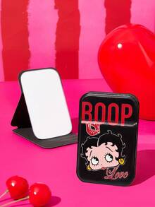 Betty Boop x SHEIN Vintage Lip Print Lady Folding Pocket Makeup Mirror, Wear-Resistant Faux Leather Shell, Compact Foldable Design, Mini Hand Mirror For Girls Daily Touch-Ups Travel Carry - Black - View 2