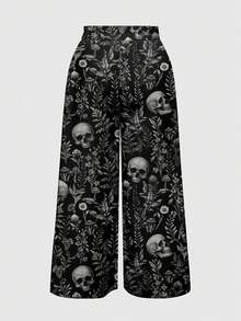 ROMWE Goth 大尺碼女款骷髏印花休閒日常寬腿褲 - 黑色 - 查看 2