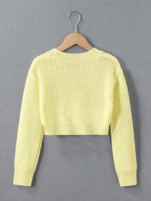 SHEIN Tween Girl Casual Versatile Solid Color Cropped Sweater - Yellow - View 2
