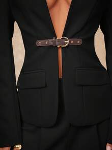 Lumalex Early Spring High Collar, Front Mid-Deep V-Neck, Contrast Color Leather Button - Black - View 5