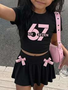 SHEIN 兒童青少年女孩時尚休閒街頭風修身短袖字母印花T恤與蝴蝶結裝飾裙褲兩件套 - 黑色 - 查看 4