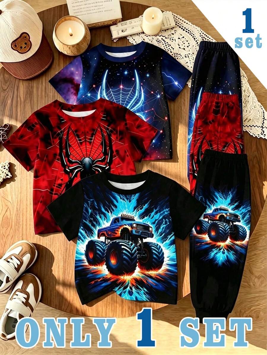 1 Random Set,, Casual Comfortable Colorful Print Crew Neck T-Shirt With Black Long Pants, Short Sleeve Top And Shorts Set - Multicolor - View 1