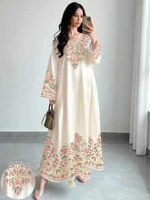 SHEIN Najma 女款米色花卉植物印花時尚V領長袖優雅阿拉伯風洋裝，春/秋度假旅行洋裝 - 彩色 - 查看 1