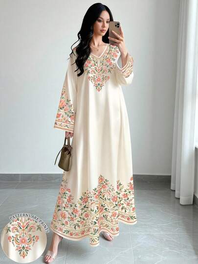 SHEIN Najma Women's Beige Floral Plant Print Fashion V-Neck Long Sleeve Elegant Arabic Dress, Spring/Autumn Vacation Travel Dress