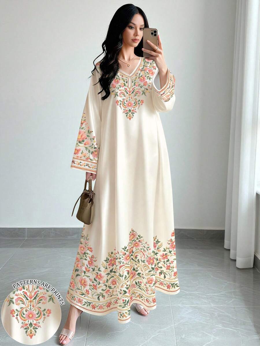SHEIN Najma 女款米色花卉植物印花時尚V領長袖優雅阿拉伯風洋裝,春/秋度假旅行洋裝 - 彩色 - 查看 1