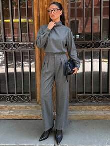 Siren Gaze Women's Solid Color High Neck Dropped Shoulder Long Sleeve Loose Fashion Top & Pleated Pants 2-Piece Set - Grey - View 1