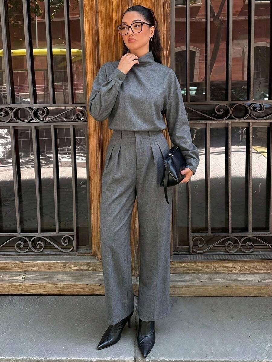 Siren Gaze Women's Solid Color High Neck Dropped Shoulder Long Sleeve Loose Fashion Top & Pleated Pants 2-Piece Set - Grey - View 1