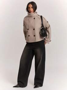 SHEIN BAE Wool Blend Stand Collar Double Breasted Short Long Sleeve Jacket Coat Office Everyday Going Out Grey Autumn Winter French Elegant Casual - Light Grey - View 4