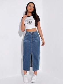 SHEIN Unity 女款時尚百搭鈕扣口袋前開衩牛仔中長裙 - 中等水洗藍 - 查看 4