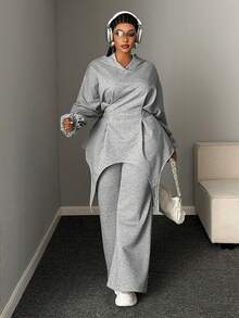 Mawevolt Plus Size Solid Color Hooded Cinched Waist Asymmetrical Hem Sweatshirt + Flared Sweatpants 2 Pieces Casual Set Fall - Grey - View 1