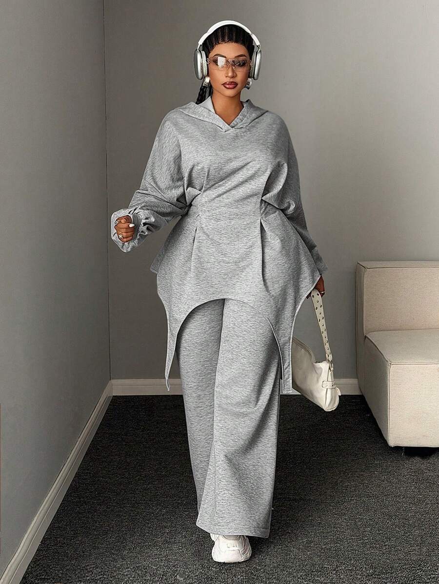 Mawevolt Plus Size Solid Color Hooded Cinched Waist Asymmetrical Hem Sweatshirt + Flared Sweatpants 2 Pieces Casual Set Fall - Grey - View 1