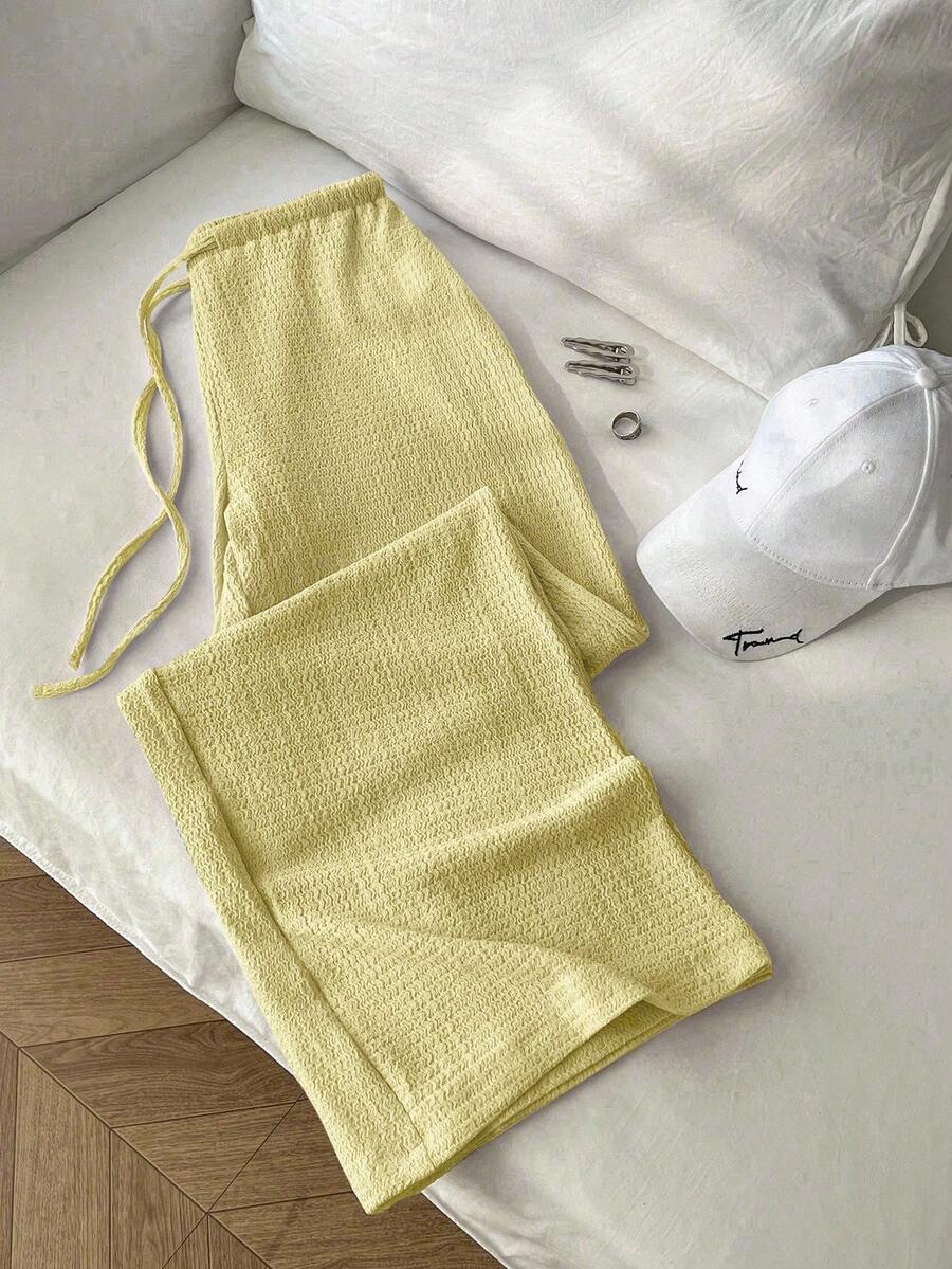 SHEIN Tall Women's Summer Vintage‑Textured Slouchy Ultra‑Low‑Waist Casual Long Pants, Slimming Versatile Solid‑Color Draped Straight‑Leg Trousers - Yellow - View 1