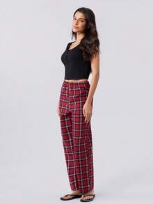 Loungeista 2pcs/Set Sexy Slim Square Neck Button-Up Short Sleeve Top And Plaid Pants Loungewear - Black - View 4
