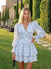 KARISMINA Women's Vacation Woven Printed V-Neck Long Sleeve Mini Dress - White - View 1