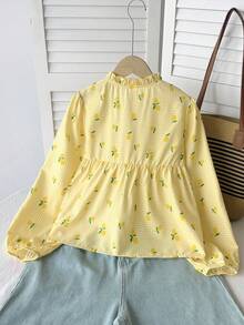 SHEIN Tween Girl Back To School Tween Girls Collared Plaid Lemon Pattern Shirt, Autumn/Winter/All Season Wear - Yellow - View 2