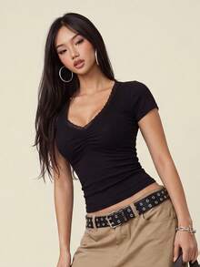 INAWLY Women's Solid Color Lace Ruffle Fitted Casual T-Shirt - Black - View 4