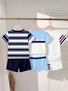 SHEIN 男嬰圓領插肩袖短袖T恤與短褲休閒日常套裝 - 彩色 - 查看 3