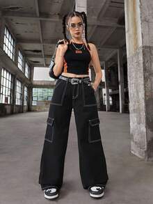 SHEIN Girlism 少女Y2K撞色拼接黑色宽松阔腿牛仔裤，夏季波西米亚风口袋阔腿牛仔裤，夏季学院风休闲装 - 黑色 - 查看 6