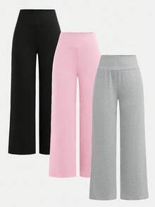 SHEIN Girlism 青少年女孩秋冬針織黑色、粉色、淺灰色高腰寬腰帶緊身直筒寬腿長褲 百搭簡約舒適街頭風 3件組 - 粉色 - 查看 3