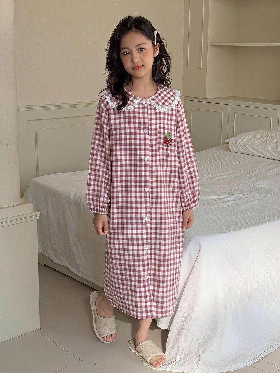 DAZY 青少年女孩格紋彼得潘領長袖單排扣居家休閒洋裝 - 淺粉色 - 查看 1
