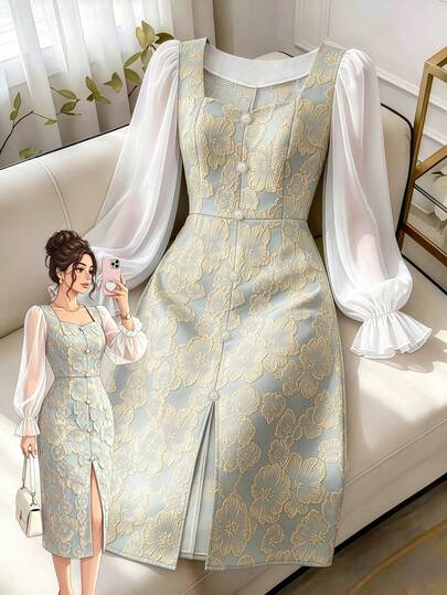 GlowEve CURVE Plus Size Women's Light Blue Gilded Embossed Jacquard Fabric Square Neck White Chiffon Long Sleeve Dress, Decorated With Pearl Metal Buttons, Tailored Design, Luxurious French Style, Suitable For Daily Urban Elegant Outings, Dates/Afternoon Tea/Elegant Gatherings With Friends/Formal Gowns, Autumn French Elegant Slit Slimming Dress
