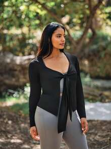 Voyena Women's Plus Size Solid Color Minimalist Long Sleeve Tie-Front Sports T-Shirt Fall - Black - View 3