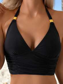 Swim Lushoire Top de bikini sexy con halter y fruncido de unicolor para mujer, ideal para la playa - Negro - Ver 3