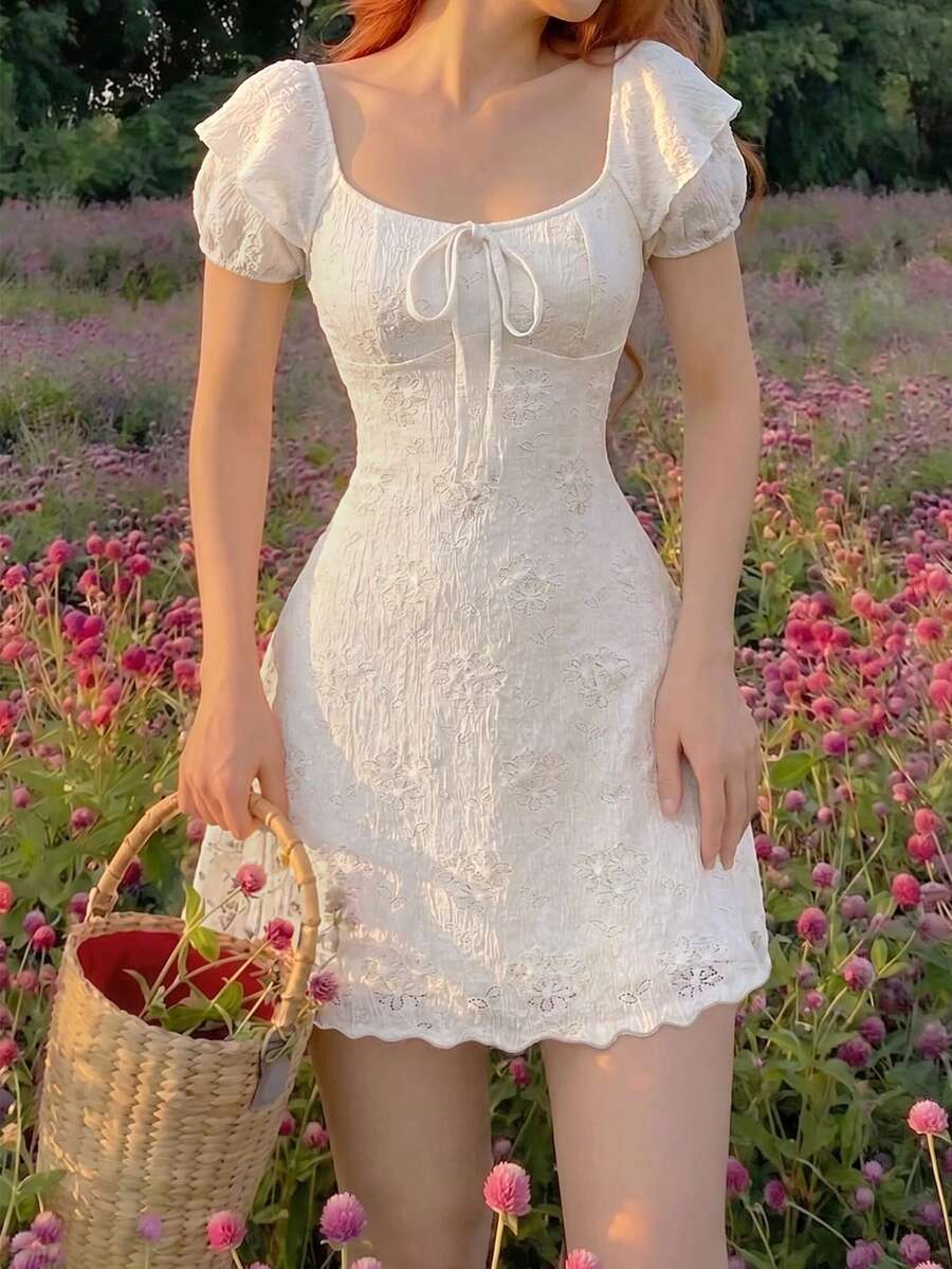 Skyraze Women's Solid Color Knotted Ruffle Hem Mini Dress, Summer Short Sleeve, Picnic Vacation, Party, Prom, Festival White Cottage Core Elegant - Apricot - View 1