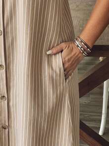 SHEIN VCAY 休閒度假風復古杏色條紋印花大尺碼女款洋裝，適合夏季、約會與派對 - 彩色 - 查看 6