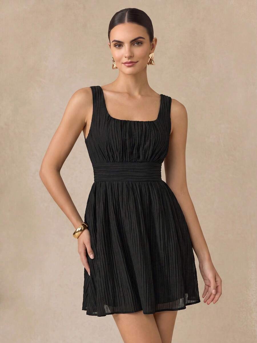 Almamuse Women Casual Lace Texture Short Sleeveless Dress - Black - View 1