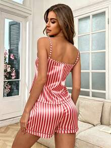 SHEIN 條紋印花仿絲綢吊帶上衣與短褲女款睡衣套裝 - 紅白色 - 查看 2