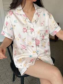 DAZY Women's Floral Print Top & Shorts Pajama Set - Beige - View 1