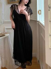 DAZY Women's Lace Patchwork Sheer Cami Nightdress Summer Pajama - Black - View 4