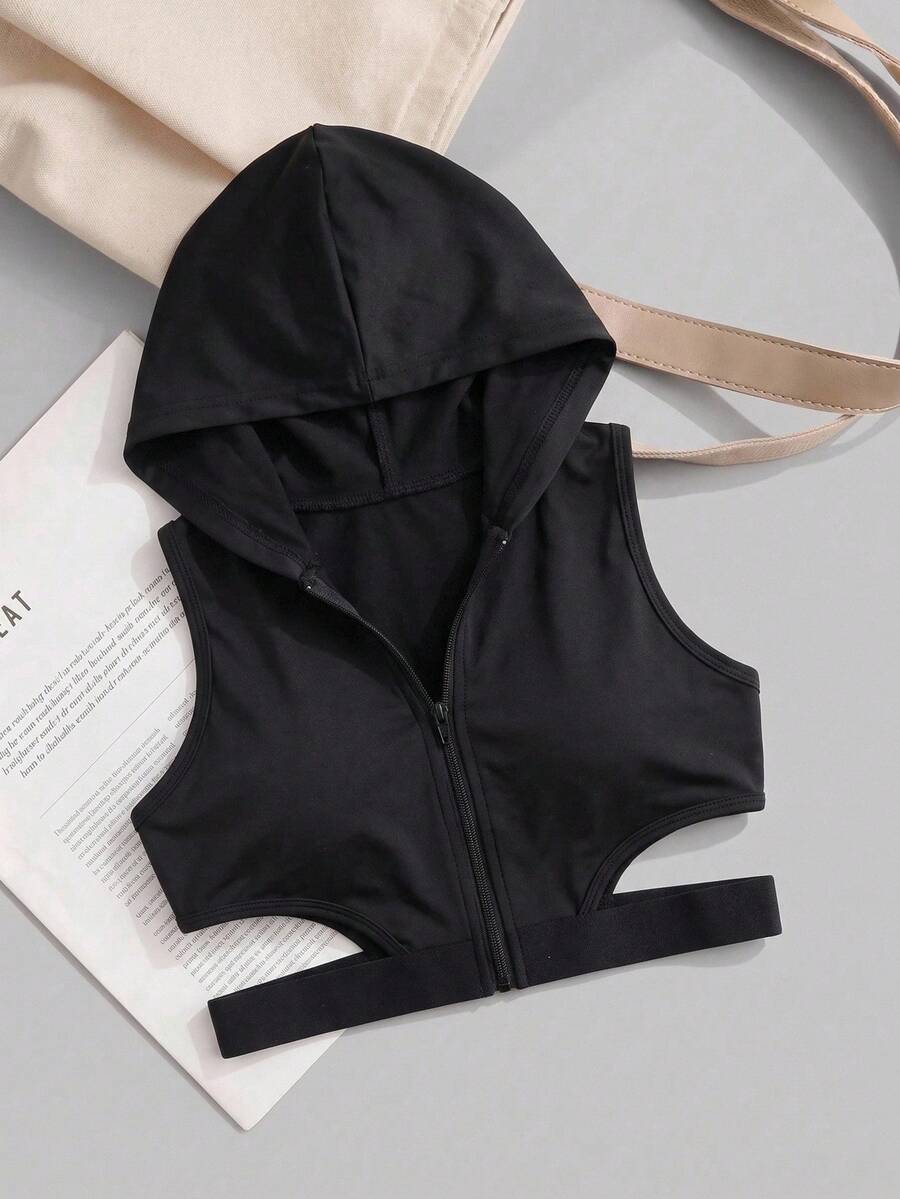 SHEIN Cheerettes Women Hooded Cut Out Waist Cropped Sports Bra Sleeveless Gym Yoga Fitness Athletic Bra All Season - Black - View 1