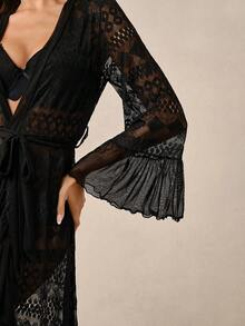 Hourtrue Bata de dormir sexy casual para mujer con encaje y volantes para el hogar - Negro - Ver 6