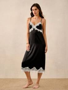 Hourtrue Vestido de satén con encaje de color contrastante, elegante y romántico para mujer de estilo francés maduro - Negro - Ver 1