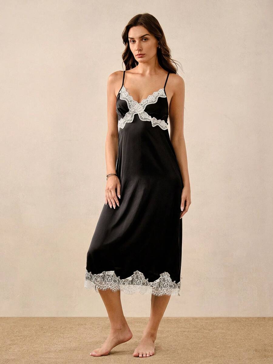 Hourtrue Vestido de satén con encaje de color contrastante, elegante y romántico para mujer de estilo francés maduro - Negro - Ver 1