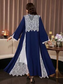 Yasmyna Deep Blue Lace Patchwork Full Skirt Long Abaya, Contrast Color Elegant Graceful Romantic Arabic Robe - Navy Blue - View 2