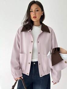 Aloruh Women's Fashion Single-Breasted Long Sleeve Pocket Jacket Streetwear - Pink - View 1