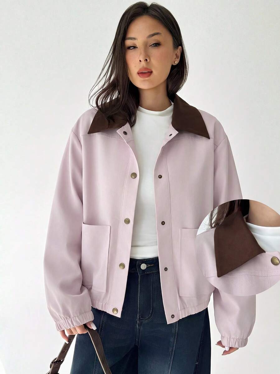 Aloruh Women's Fashion Single-Breasted Long Sleeve Pocket Jacket Streetwear - Pink - View 1