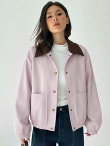 Aloruh Women's Fashion Single-Breasted Long Sleeve Pocket Jacket Streetwear - Pink - View 4