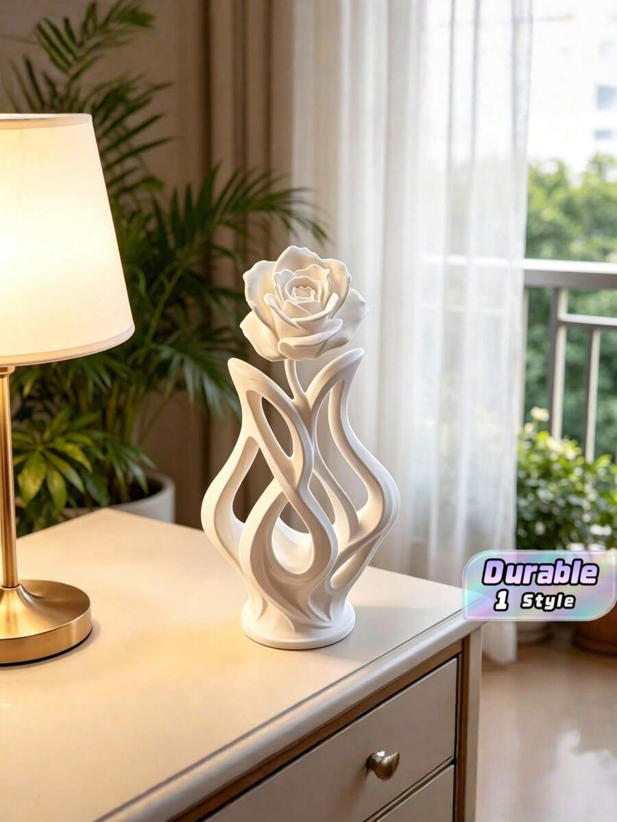 White 3D Printed Modern Abstract Rose Sculpture Minimalist Flower Art Statue Aesthetic Home Decor Suitable For Living Room Shelf Display Indoor Ornament - multicolor - View 1