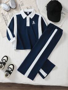 SHEIN 2pcs/Set Boys Minimalist Classic Black & White Matching Outfit, Top With 3D Letter Embroidery, Pants With Cuffed Hem & Patchwork Design, Casual Sporty Style For Daily Wear & School - Navy Blue - View 3