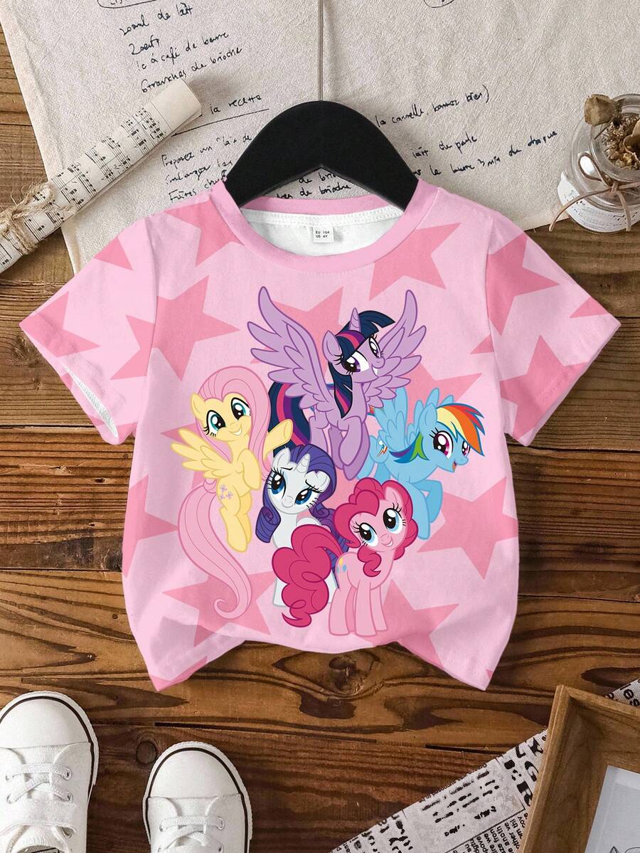 My Little Pony X SHEIN Young Girl Cartoon Print Casual Daily Short Sleeve T-Shirt - White - View 1
