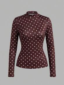 SHEIN Clasi 女款秋冬休閒復古白色波點、棕色波點、棕色印花與素色T恤3件組，適合校園與居家 - 彩色 - 查看 4